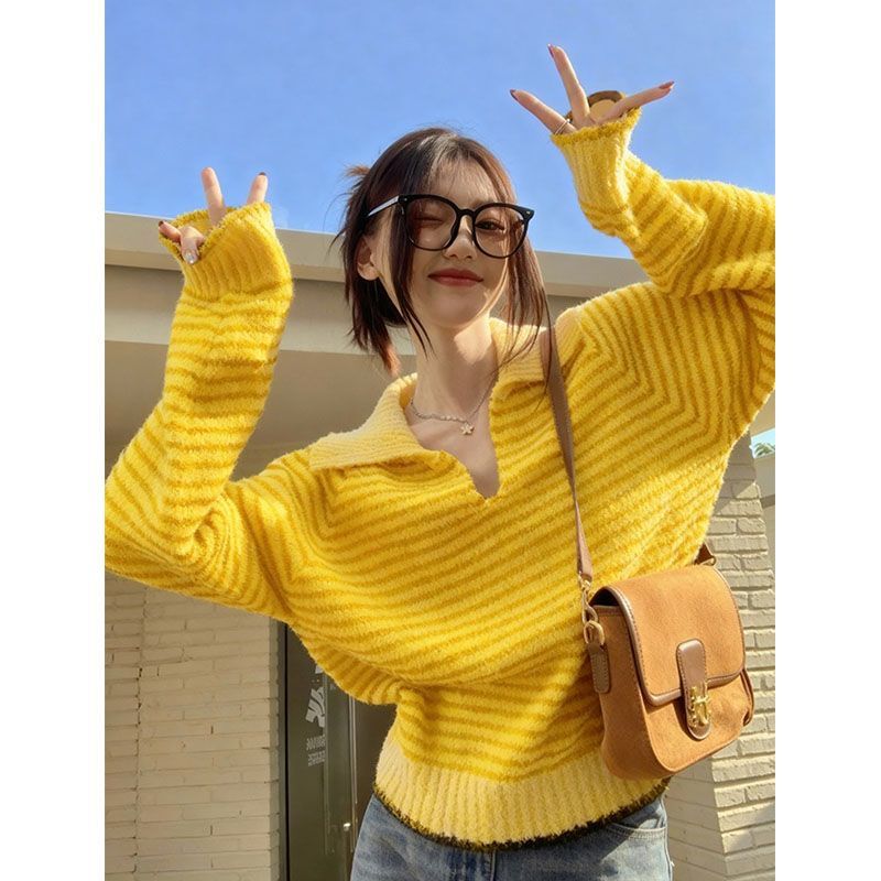 Unique and Beautiful Yellow Striped Sweater with a Turn-Down Collar for Women, Thickened for Spring, Super Stylish, Korean Style, Soft and Lazy Knit Top Unique and Beautiful Yellow Striped Sweater with a Turn-Down Collar for Women, Thickened for Spring, Super Stylish, Korean Style, Soft and Lazy Knit Top