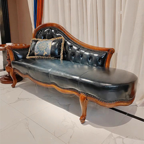 American solid wood carved first-layer cowhide chaise longue chair for bedroom and living room casual lazy sofa stool shoe changing stool beauty couch