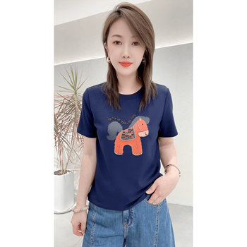 This year's popular pony pattern @bead flocking embroidery three-dimensional space cotton t-shirt women's versatile slimming top