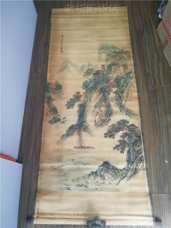 Old Antique Antique Calligraphy Painting Ancient Play Old Painting Bag Old Pure Handmade Painting Landscape Painting Canvas Strip Hanging Painting Collection