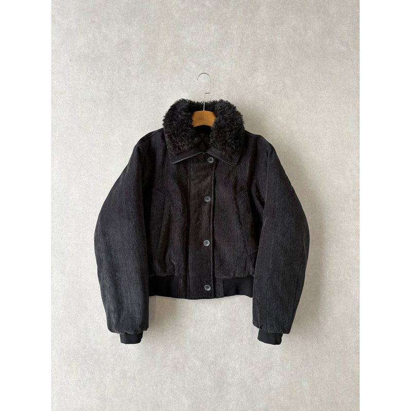 H1C Snowy Night* Lapel Fur Collar Chenille Oversized Short Cotton Jacket - Powerful Silhouette/Elegant Atmosphere