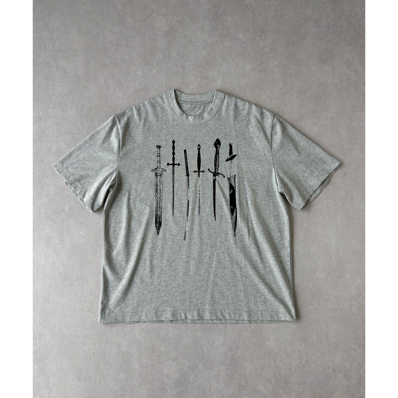 H1C Blade* Medieval Distressed Print Short Sleeve 270g Xinjiang Cotton Boxy Short Wide/Small Neckline