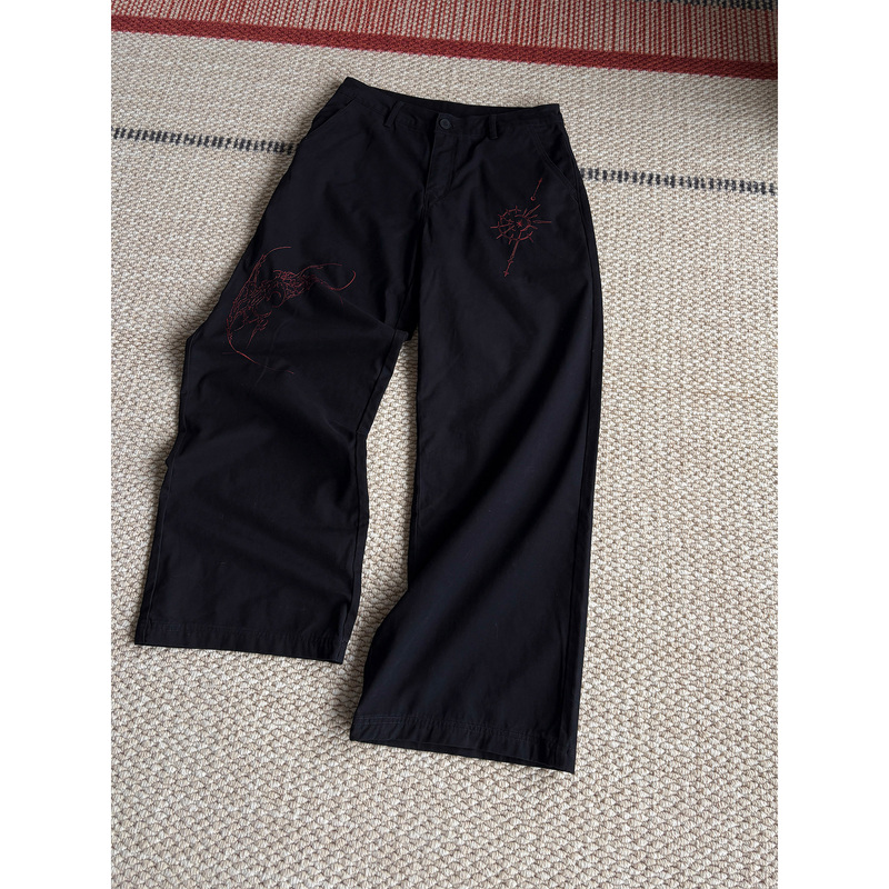H1C Totem* Red Line Embroidery Vintage Washed Brushed Work Pants Cargo Pants Thread Embroidery/Loose Slightly Wide