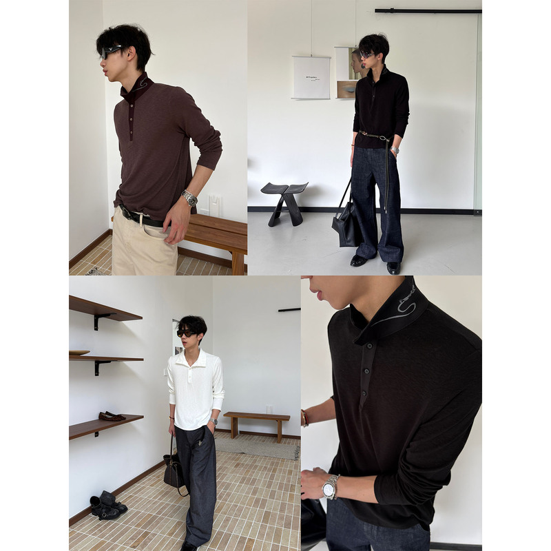 H1C Dark Blade* Printed Bamboo Texture Short Henley Long-Sleeve Top with Regular Shoulders, Versatile Collar Styles/Relaxed and Casual H1C Dark Blade* Printed Bamboo Texture Short Henley Long-Sleeve Top with Regular Shoulders, Versatile Collar Styles/Relaxed and Casual