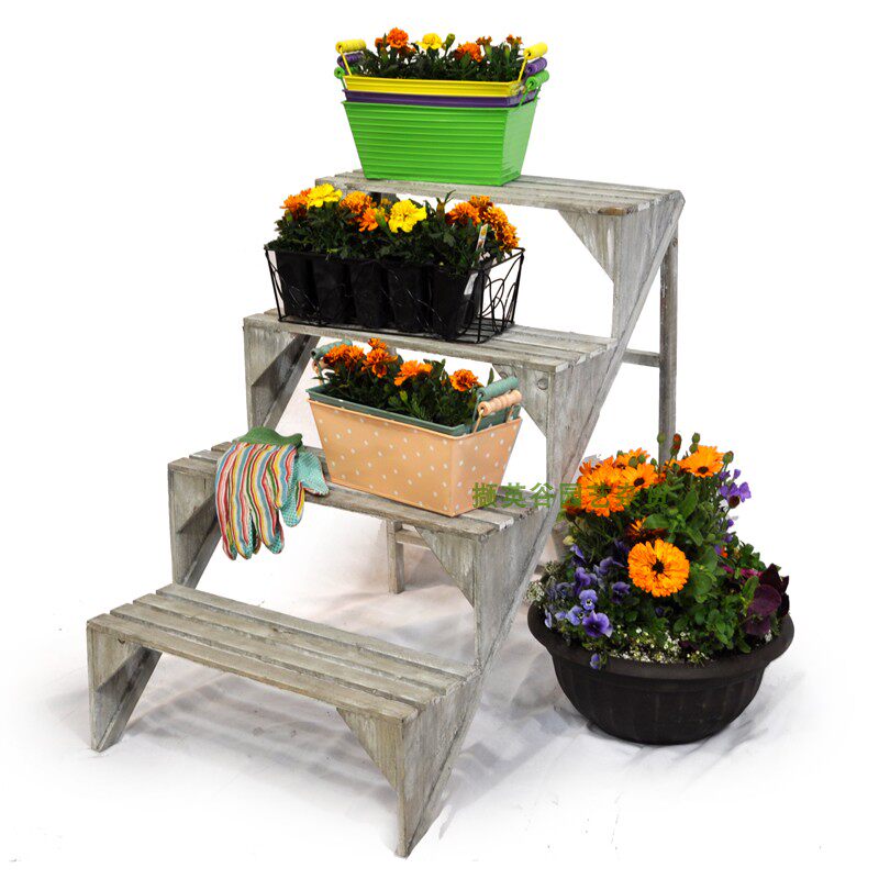 Florist Shelves Solid Wood Flower Shelf Multilayer Ladder Display Booth Multi Meat Flowers Retro Made Old Terrace Garden Room
