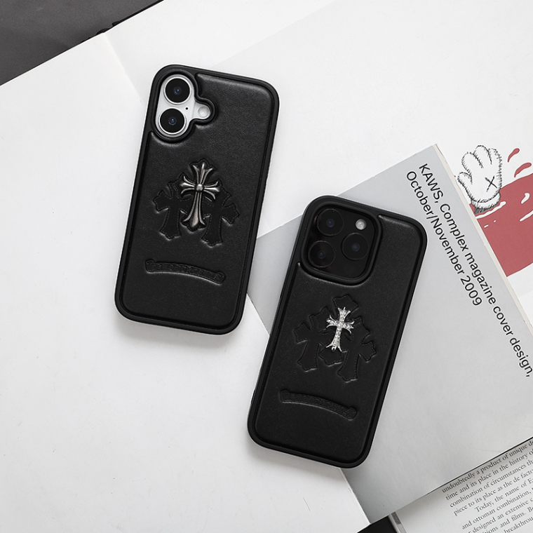 Retro Leather 17/16/15 Pro Max For Girls – Embossed Cross Design Chrome Hearts iPhone Case