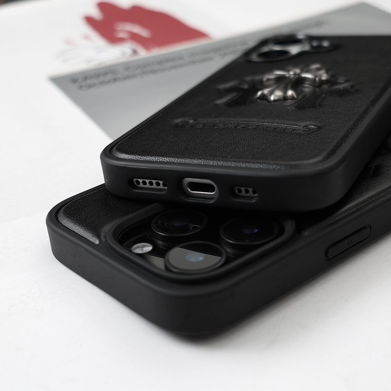 Retro Leather 17/16/15 Pro Max For Girls – Embossed Cross Design Chrome Hearts iPhone Case