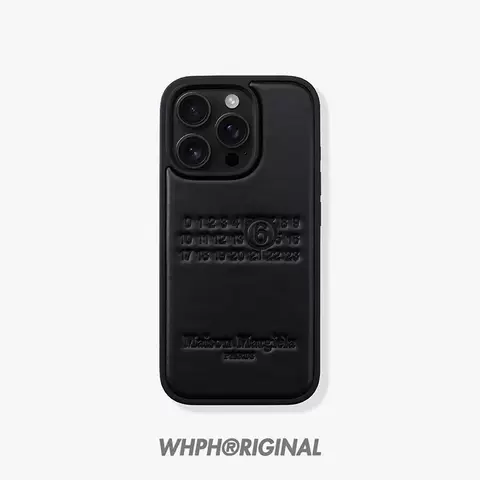 Maison Margiela Trendy Fashionable Black Leather Embossed Logo Phone Case for iPhone 17, 16, 15, 14 and 13