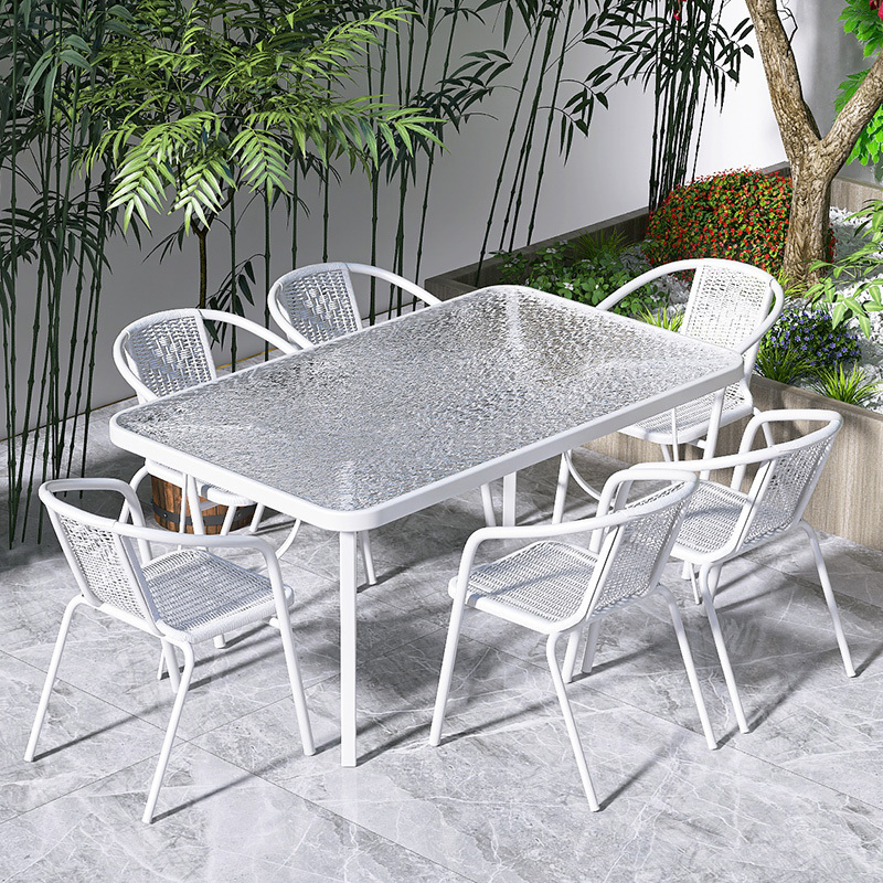 Courtyard White Table and Chair Set Outdoor Open-Air Outdoor Leisure Tea Table Rattan Chair Combination Household Simple Glass Long Table