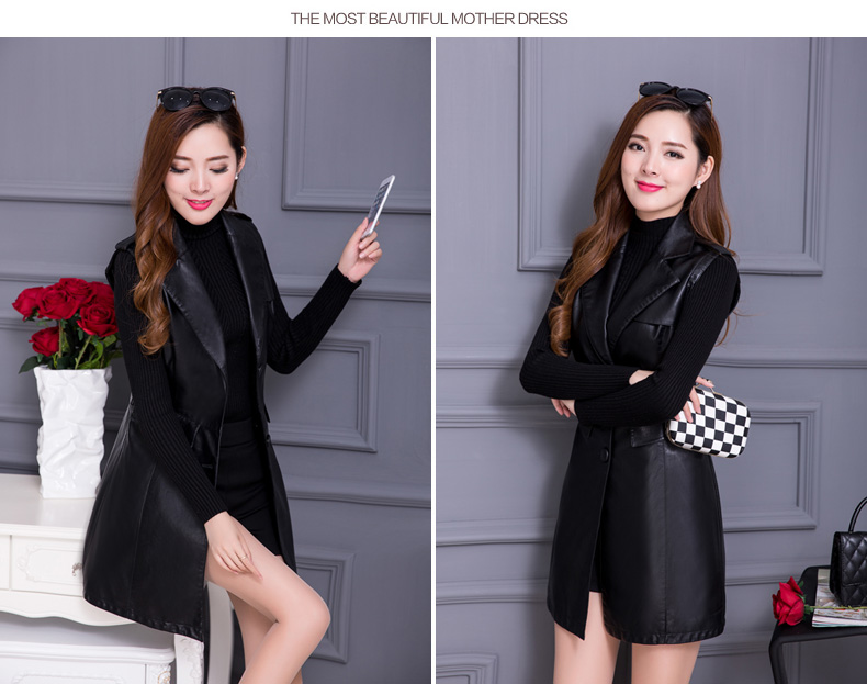 Tính khí da của phụ nữ mùa thu 2018 mới thời trang slim không tay da vest trong dài đơn hàng khóa pu leather jacket áo da nữ đẹp