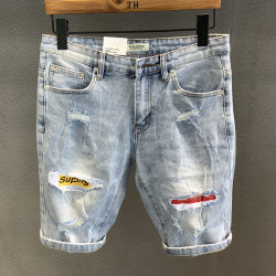 ໂສ້ງຂາສັ້ນ denim ripped ສີອ່ອນສໍາລັບ summer ຂອງຜູ້ຊາຍ trousers ວ່າງບາງ jodhpurs ຄົນອັບເດດ: ກາງເກງກະທັດຮັດ