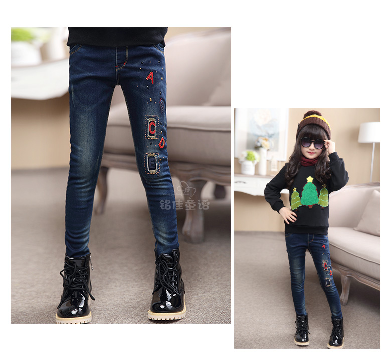 Quần jeans bé gái mùa đông 2018 mới có trẻ em lớn trẻ em phụ nữ nước ngoài cộng với quần nhung dày cho bé gái mặc quần dài quần áo trẻ em