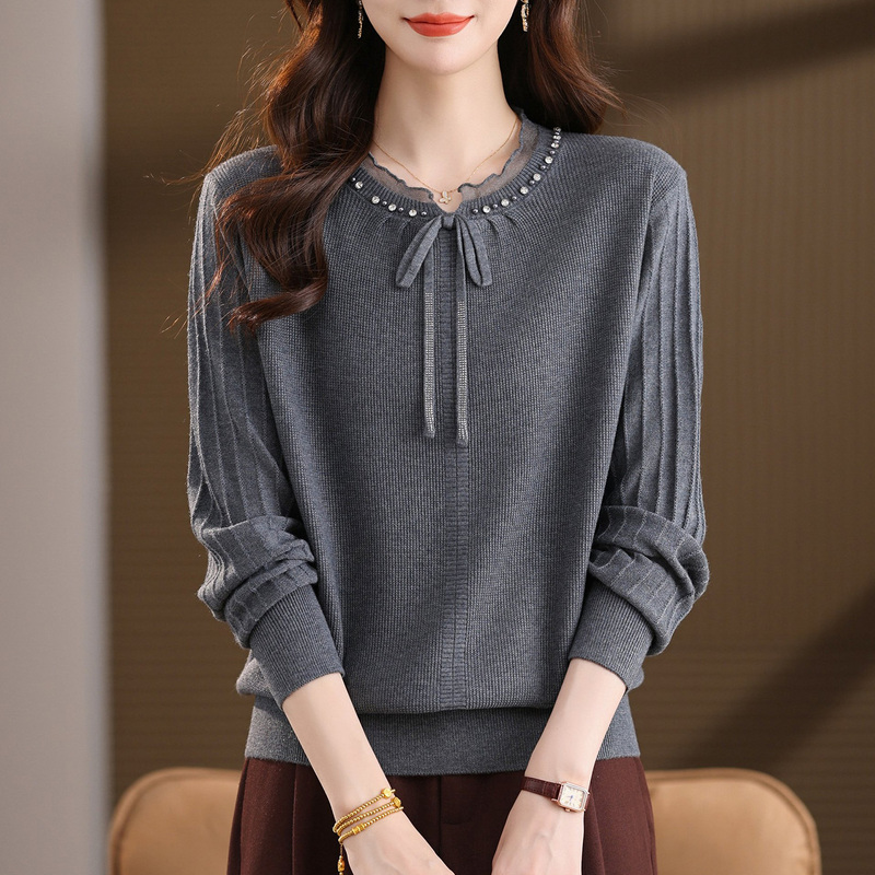 Hengyuanxiang Lace Splicing Beaded Wool Sweater for Women 2026 Spring and Autumn New Thin Sweater Bow Knitted Top