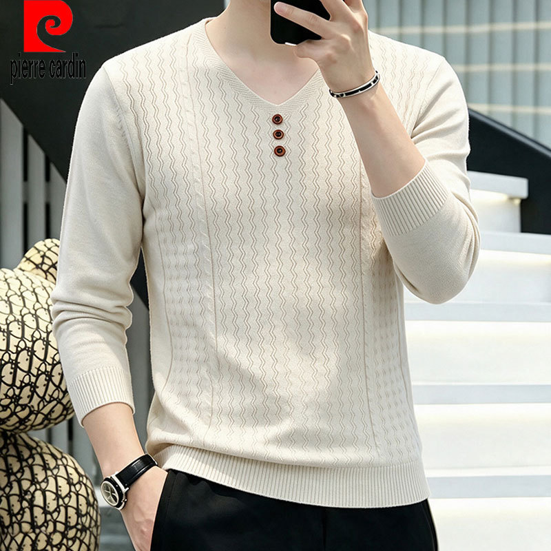 Pierre Cardin Men's Sweater for Spring and Autumn, V-Neck Thin Slim-Fit Jacquard Knit Sweater with Three Buttons, Base Layer
