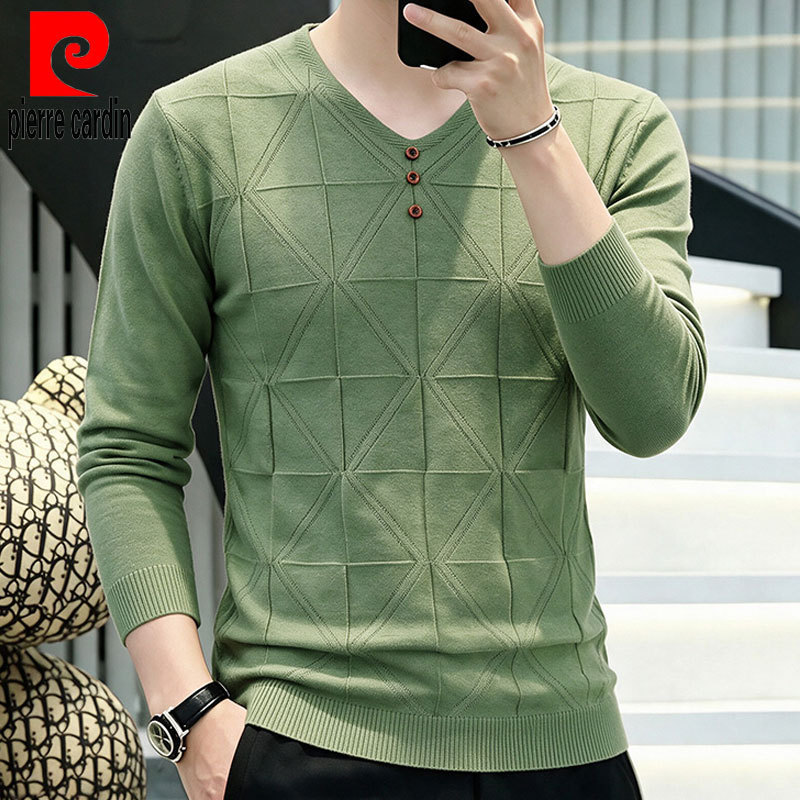 Pierre Cardin Autumn and Winter Thin Sweater Men's V-Neck Three-Button Diamond Jacquard Knitwear High-End Base Layer Sweater