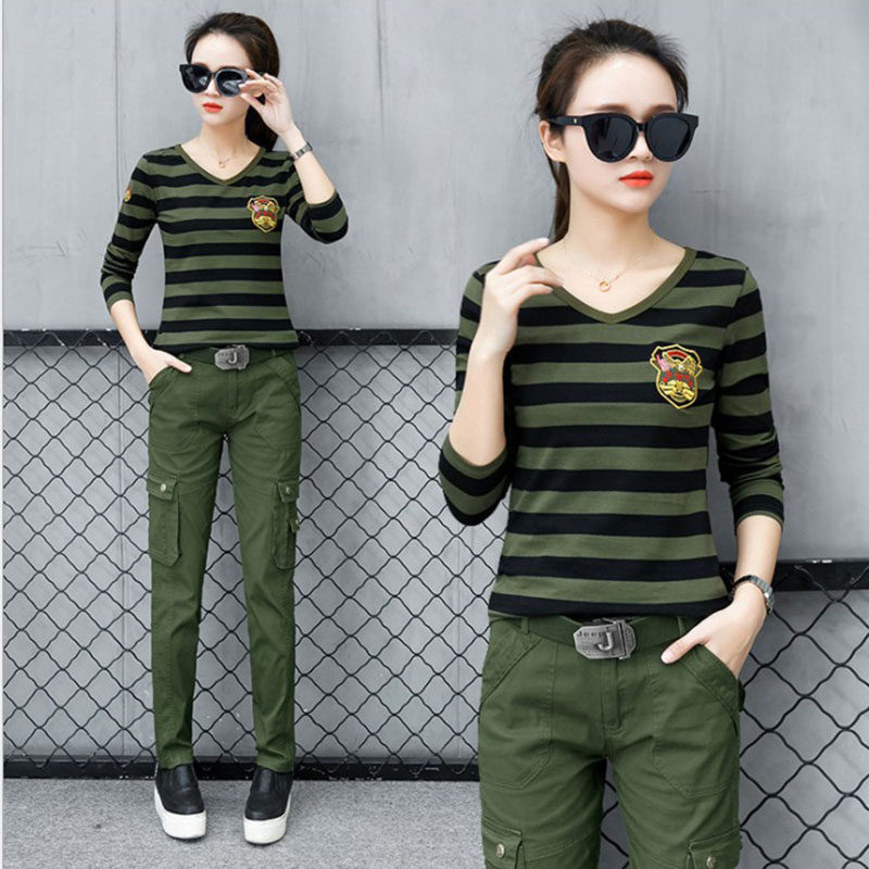Camouflage long sleeve T-shirt V-collar striped tops sailor dance outdoor outdoor student Han Edition trend