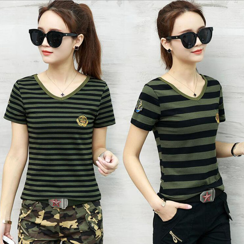 Summer short sleeves T-shirt Female camouflages with water Boreography Dancing out of the dance suit Outdoor student dress Han version Tide Stripes