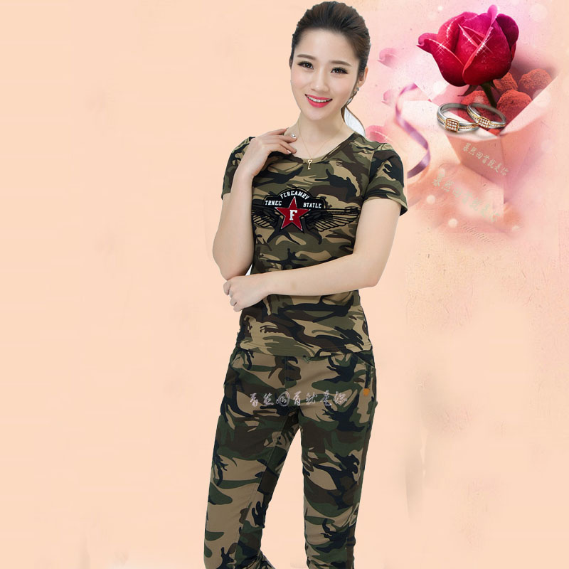 Summer new camouflage uniform short-sleeved T-shirt camouflage crew neck half-sleeve military uniform five-star sailor dance suit women's square dance top