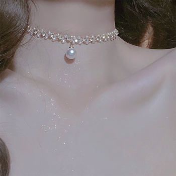Braided sparkling diamond and pearl necklace for women, niche design