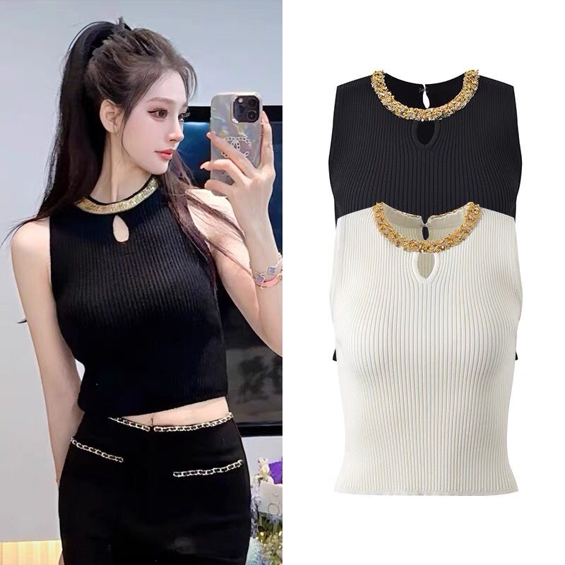 Balmain Gina 2025 Summer Neck Beaded Elastic Slim Fit Vest Short Knitted Sleeveless Top