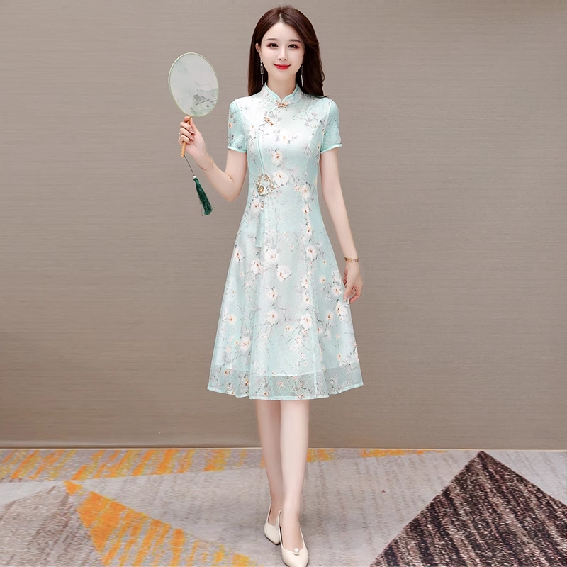 High-End Elegant Petite New Chinese Style Improved Cheongsam Dress for Women, Summer, Guangzhou Thirteen Rows, Mother's Style