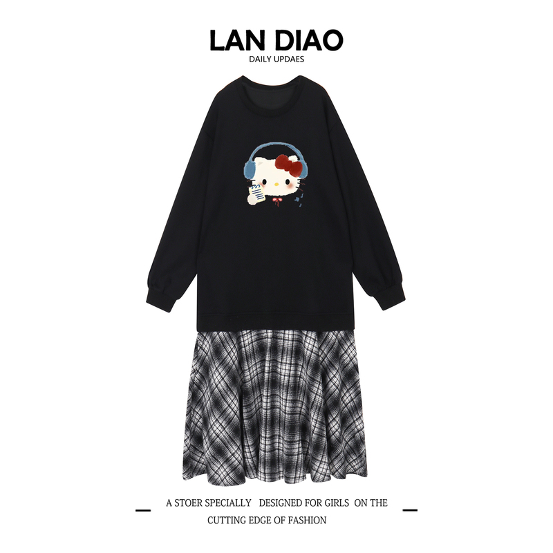Fake Two-Piece Plaid Patchwork Dress for Women 2026 New Spring and Autumn Loose Straight Slimming Mid-Length Sweatshirt Dress Trendy Fake Two-Piece Plaid Patchwork Dress for Women 2026 New Spring and Autumn Loose Straight Slimming Mid-Length Sweatshirt Dress Trendy
