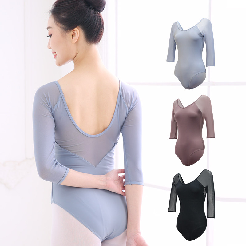 Adult Ballet Dancer Kongfu Female Midsleeve Mesh Yarn Dance Suit Aerial Yoga Conserved Gymnastics Body Suit