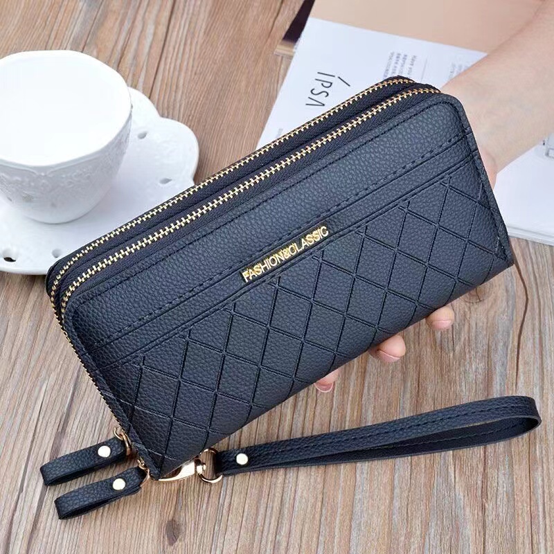 New Double Zipper Wallet for Women, Long Large-Capacity Plaid Clutch Bag, Double-Layer Wallet, Korean Style Coin and Mobile Phone Bag
