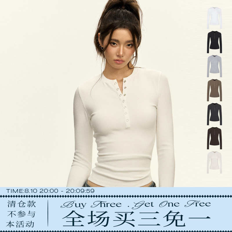 Ariseism American-Style Henry Collar White Slim-Fit Long-Sleeve T-Shirt for Women, Spring Tight-Fitting Top, Inner Layer Base Shirt