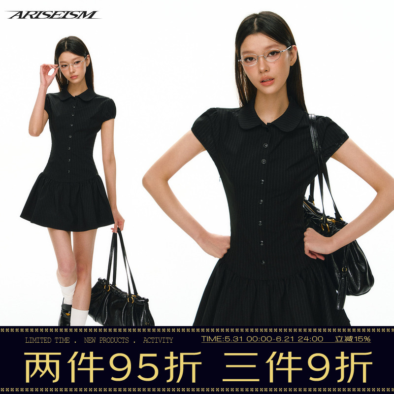Ariseism American Retro Doll Collar Black Vertical Stripesd Dress Women's Summer New Slim Fit Skirt