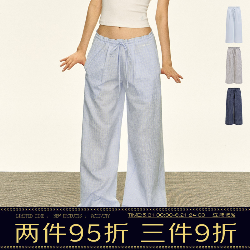 Ariseism American Retro Thin Blue Plaid Casual Pants for Women, New Summer Low-Waist Loose Wide-Leg Pants