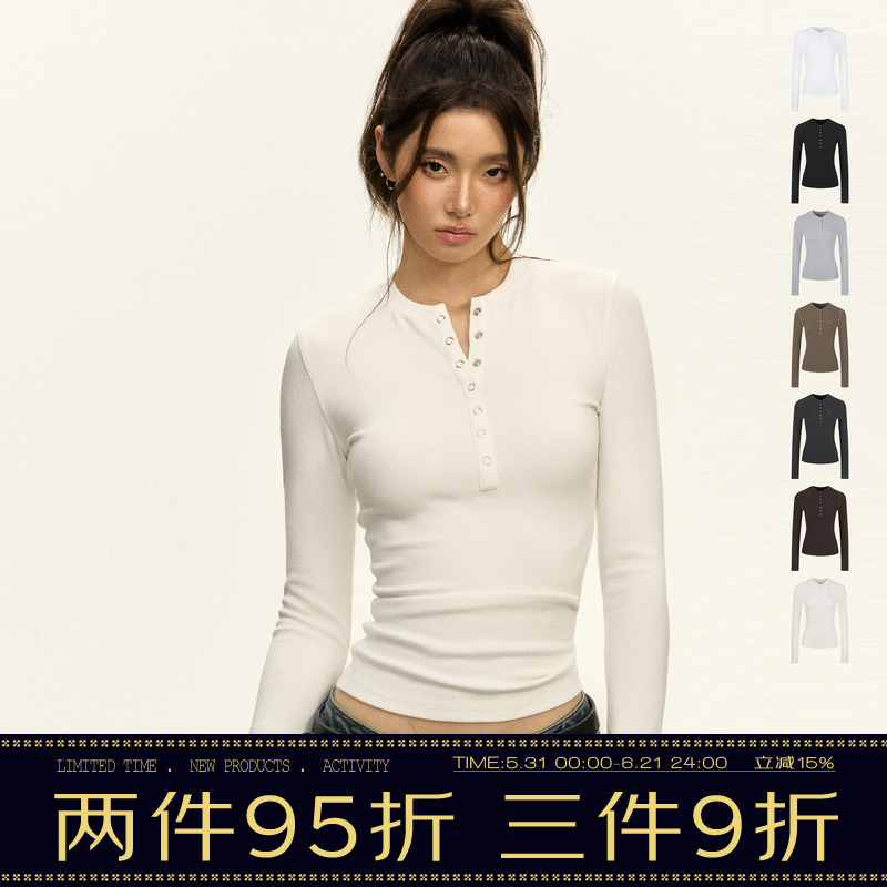 Ariseism American-Style Henry Collar White Slim-Fit Long-Sleeve T-Shirt for Women, Spring Tight-Fitting Top, Inner Layer Base Shirt