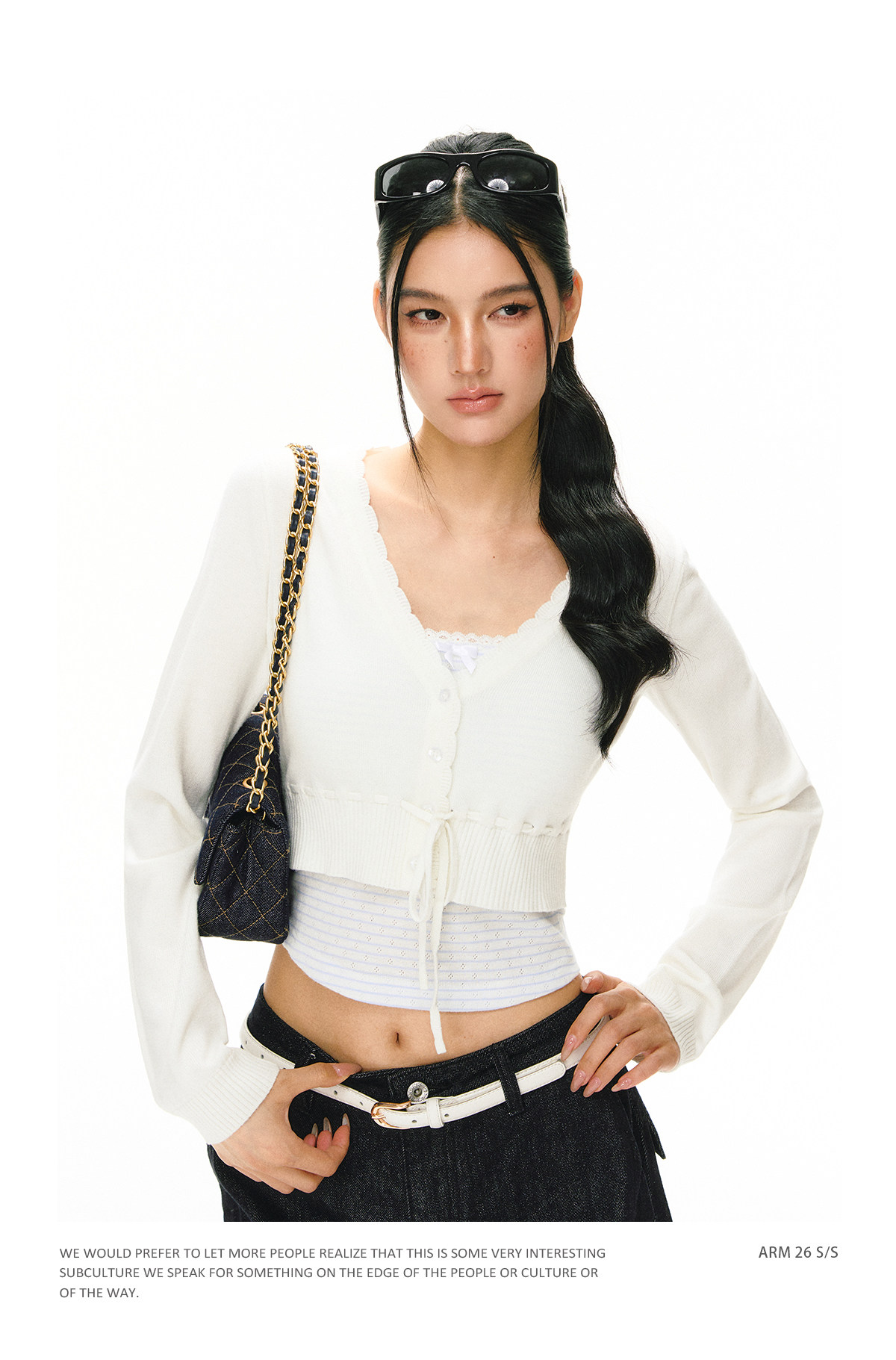 ARISEISM White V-Neck Long-Sleeve Cropped Cardigan