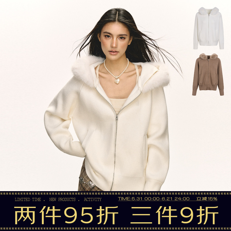 Ariseism American Retro Style Detachable Fur Collar Zipper Cardigan Hooded Sweater Jacket Women's New Autumn Top Ariseism American Retro Style Detachable Fur Collar Zipper Cardigan Hooded Sweater Jacket Women's New Autumn Top
