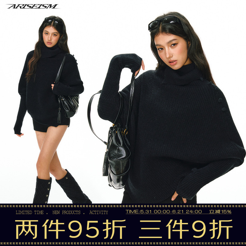 Ariseism American Retro Design Black Turtleneck Wide-Sleeved Long-Sleeved Sweater for Women Spring & Fall New Tops