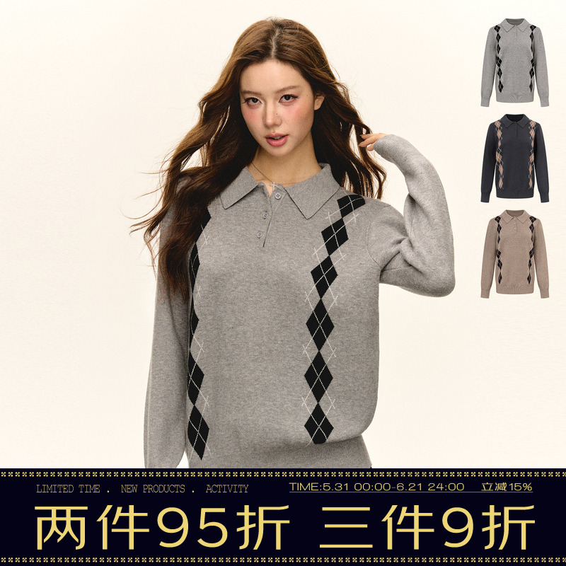 Ariseism American Retro Design Lapel Pullover Sweater for Women Spring New Loose Top Ariseism American Retro Design Lapel Pullover Sweater for Women Spring New Loose Top
