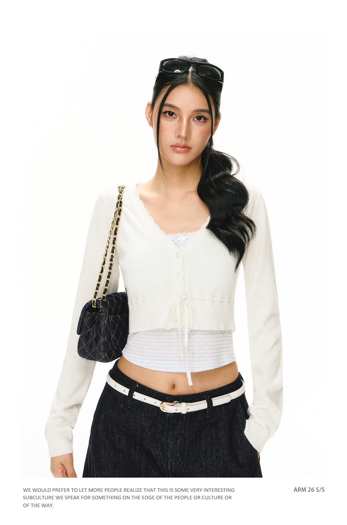 ARISEISM White V-Neck Long-Sleeve Cropped Cardigan