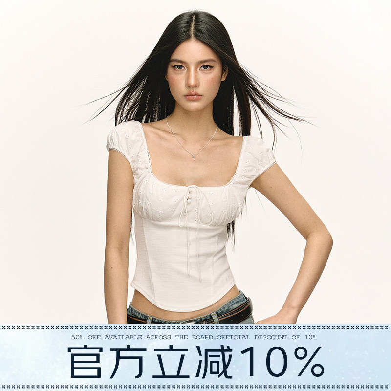 Ariseism American Style Sexy Slim-Fit Design Square-Neck Short-Sleeve T-Shirt for Women, Summer Short Puff-Sleeve Top