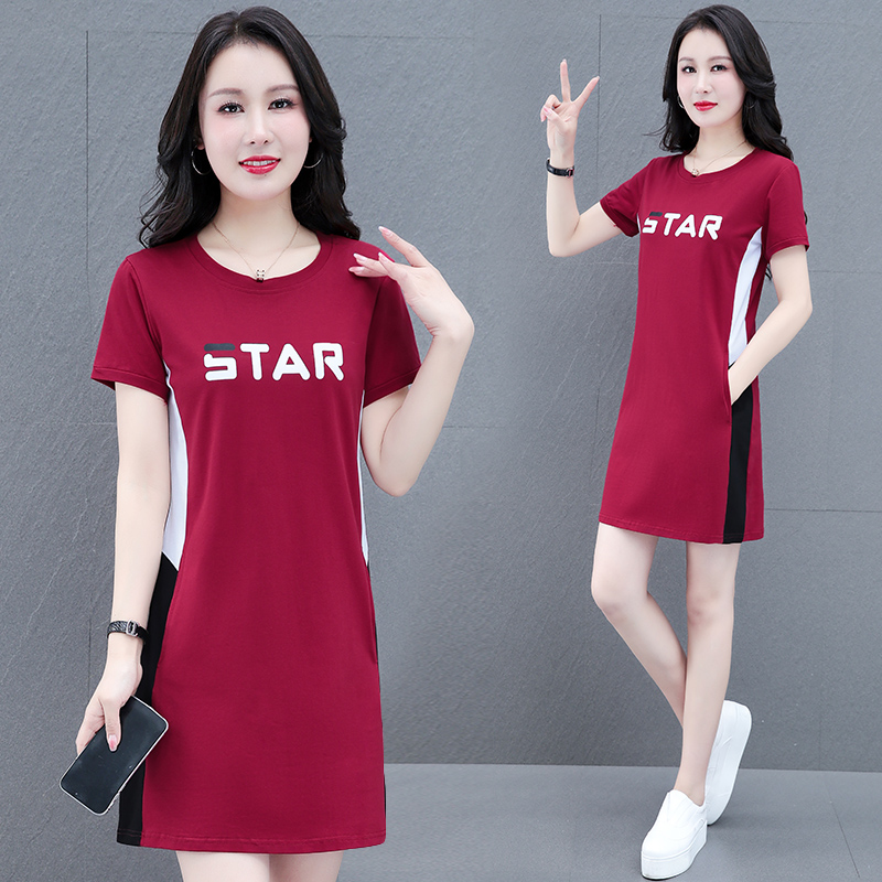 Summer dress women's 2022 new middle-aged loose fat mm large size cover belly 40 years old cotton T-shirt skirt