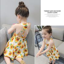  Girls  dresses Korean 2021 new female baby summer clothes cool leaky back floral skirt childrens princess skirt