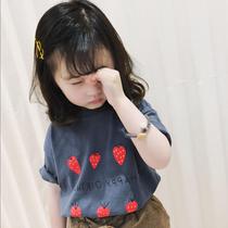  Girls baby T-shirt 2021 new strawberry print fresh childrens clothing top childrens cute summer short-sleeved