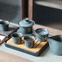 High-end Cog Kiln Iron Tire Ice Cracked Dragon Springs Green Porcelain Kung Fu Tea Set Set Ceramic Cover Bowl Tea Cup Tea Drain Home Tea Bowl