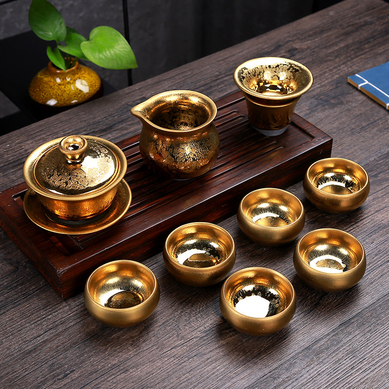 Construction of Jianyu Gold Building Tea Tea Set Group Kilns Changing Tianjin Oil Drop Partridge Spotted Iron Tire Ceramic Whole Set High-end Gift