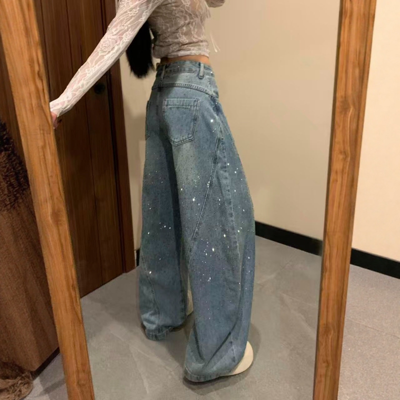 American-Style Star-Studded Rhinestone Scimitar Jeans for Women, 2026 New High-Waisted Loose Fit, This Year's Popular Wide-Leg Pants