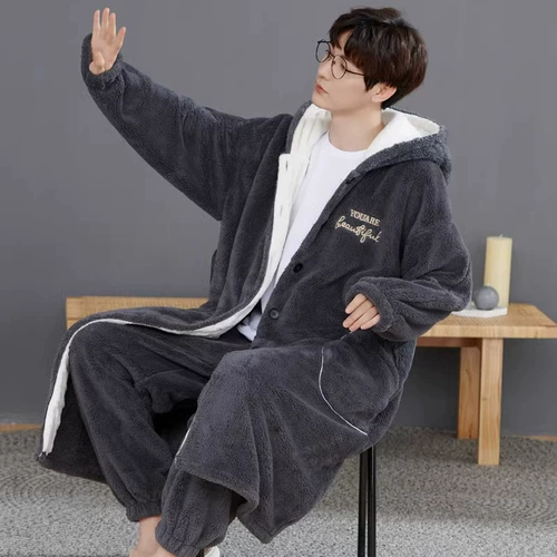 Утепленная пижама, мужской коралловый бархатный банный халат