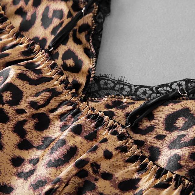 Sexy Leopard Print Suspender Pajamas Ice Silk Home Clothes Lace Lingerie Nightgown Women 2022 Summer New Short