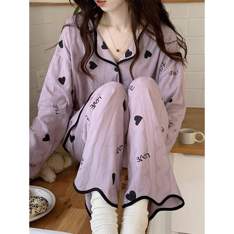 Women's Pajamas Spring and Autumn Style Pure Cotton Long-Sleeve Trendy Purple Plus-Size Loose Homewear Set for Fall and Winter