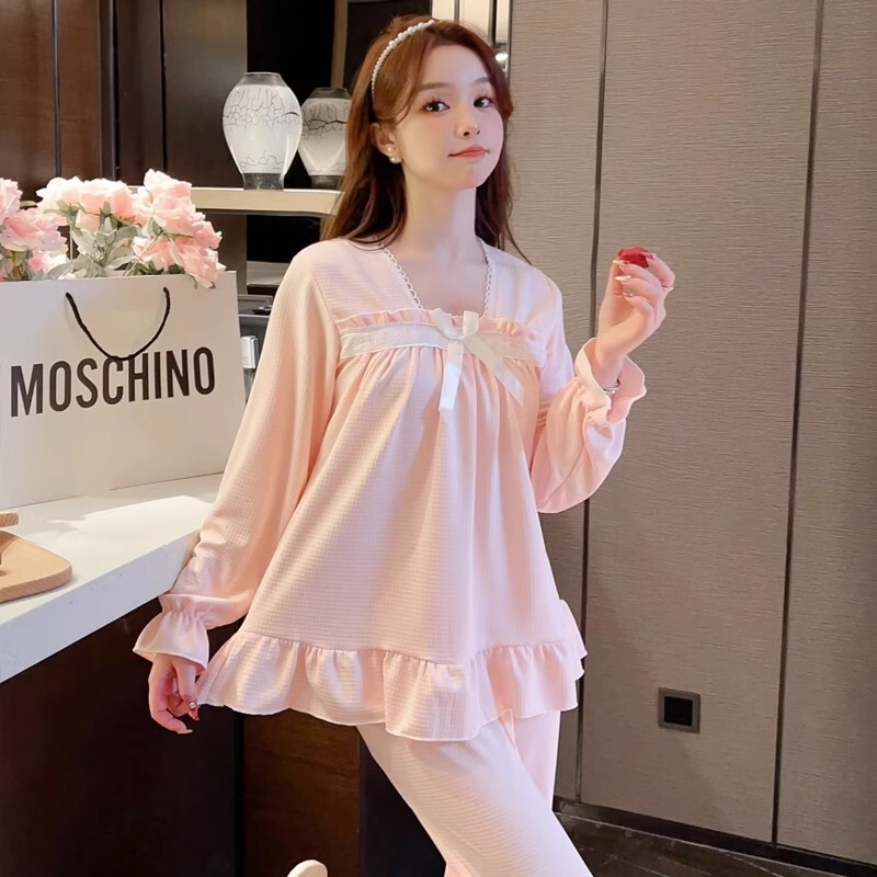 Spring and Autumn Long-Sleeved Pajamas for Women, Waffle Pattern, Gentle and Sweet, ins Style, Ruffled, Student Korean Style Loungewear Set, Pink