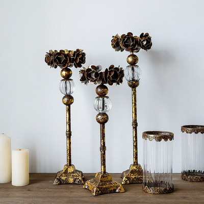 European French Country Luxury Retro Doing Old Gold Iron Art Doing Old Rose Candle Holder Wedding Photography Props