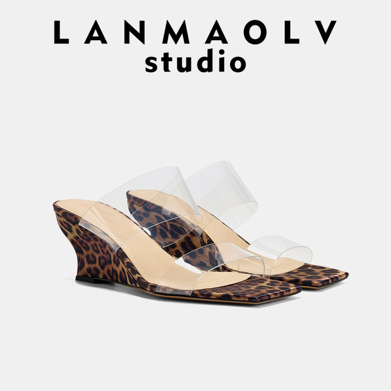 Sheepskin Version~2026 Summer New French Leopard Print Transparent High-Heeled Outdoor Sandals Women's Slippers Wedge Slippers